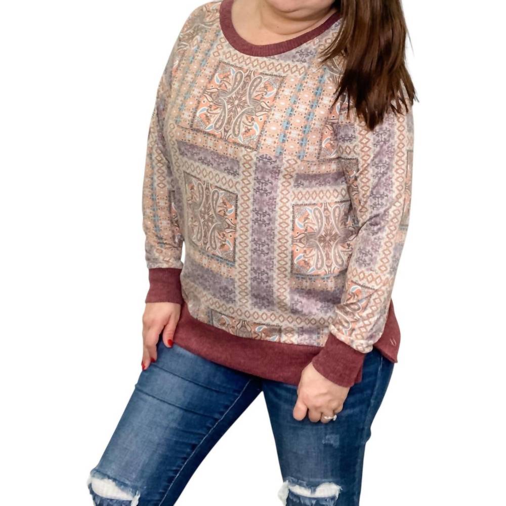 NEW HONEYME paisley weekender top in burgundy, teal, orange, mauve
